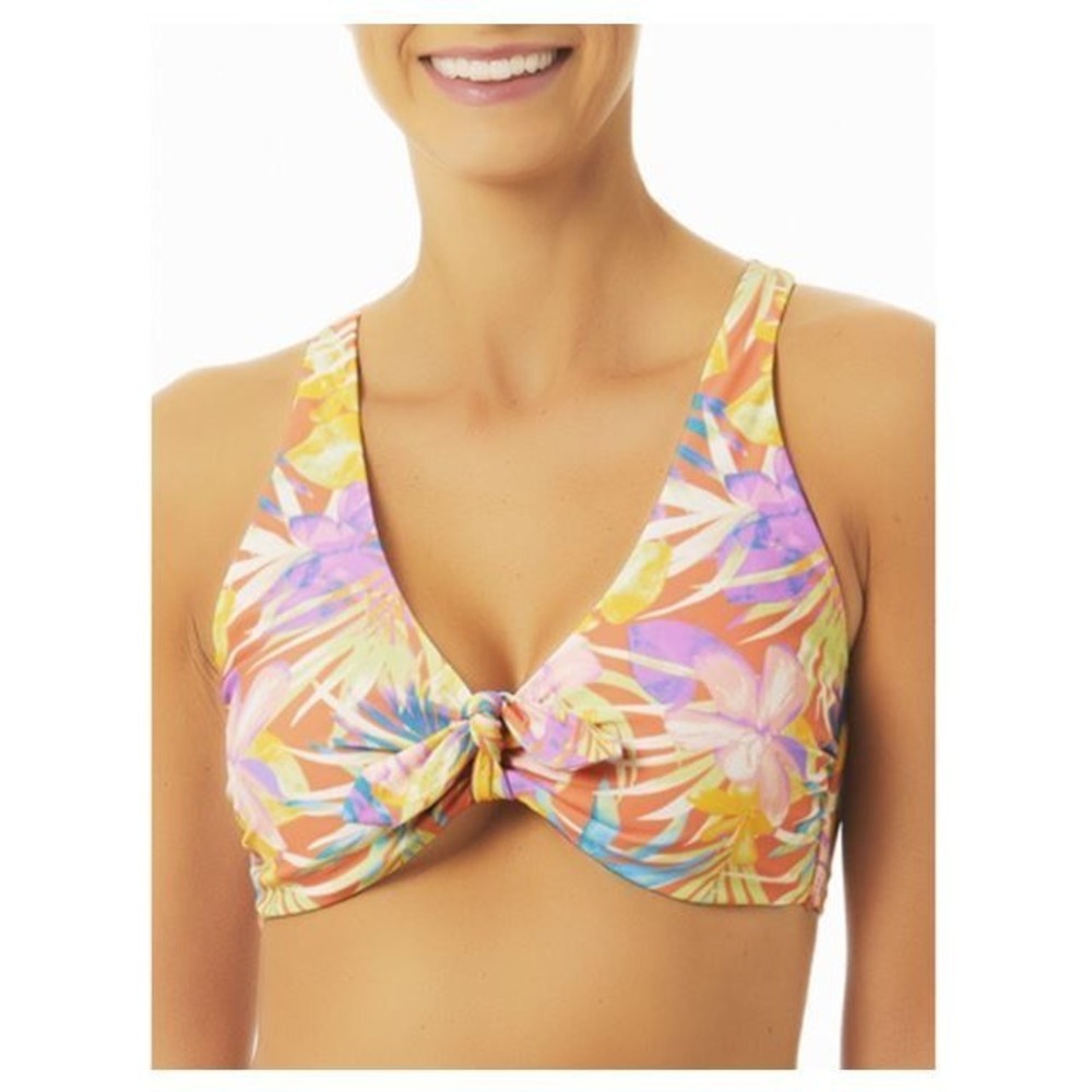 NEW Time & Tru Tropical Floral Tie Front Bikini Swim Top Bralette Large 12-14